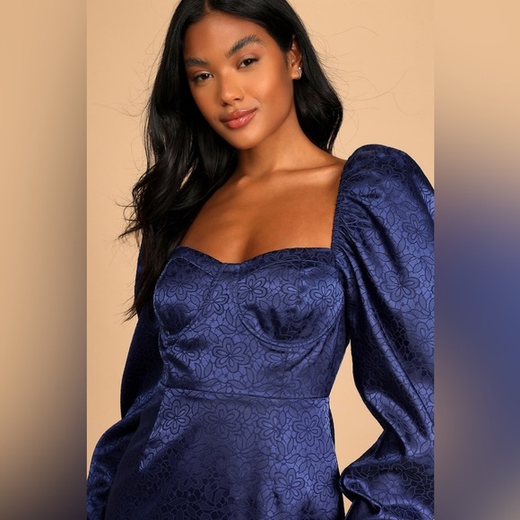 Lulus | Burst Into Bloom Navy Blue Satin Floral Jacquard Mini Dress Medium - Picture 4 of 6